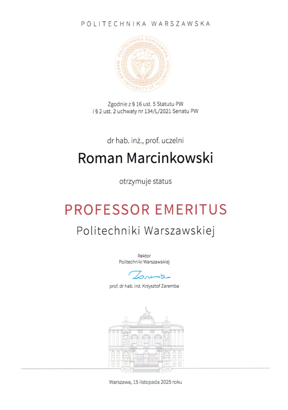 dyplom Professor Emeritus R. Marcinkowski
